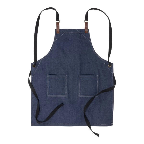 Grembiule da cucina regolabile in cotone denim con 2 tasche frontali.