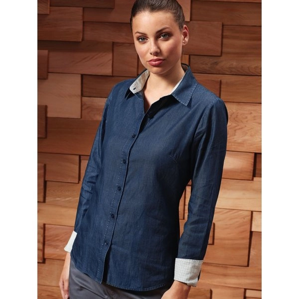 Women's Denim-Pindot Long Sleeve Shirt